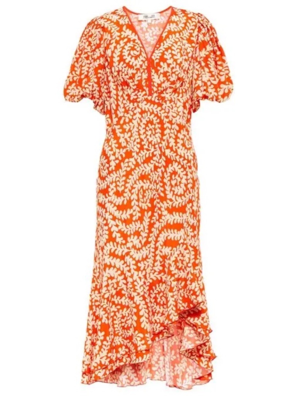 Diane von Furstenberg DVF Coral Red White Leaf Print Midi Dress Size 00 Puff Sle